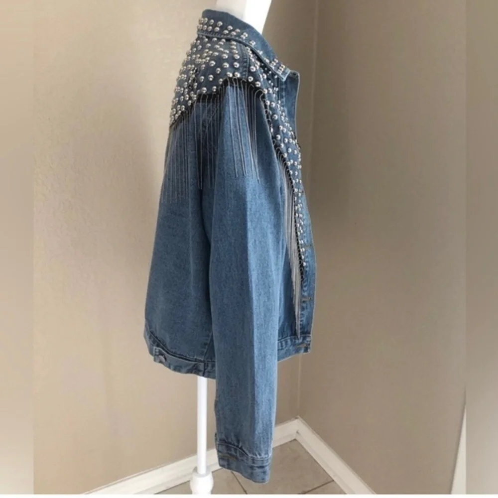 Blue Studded Fringe Statement Denim Jacket Size XL
